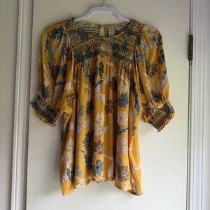 Dolan Mustard Yellow Floral Smocked Puff Sleeve Boho Blouse Small #220157
